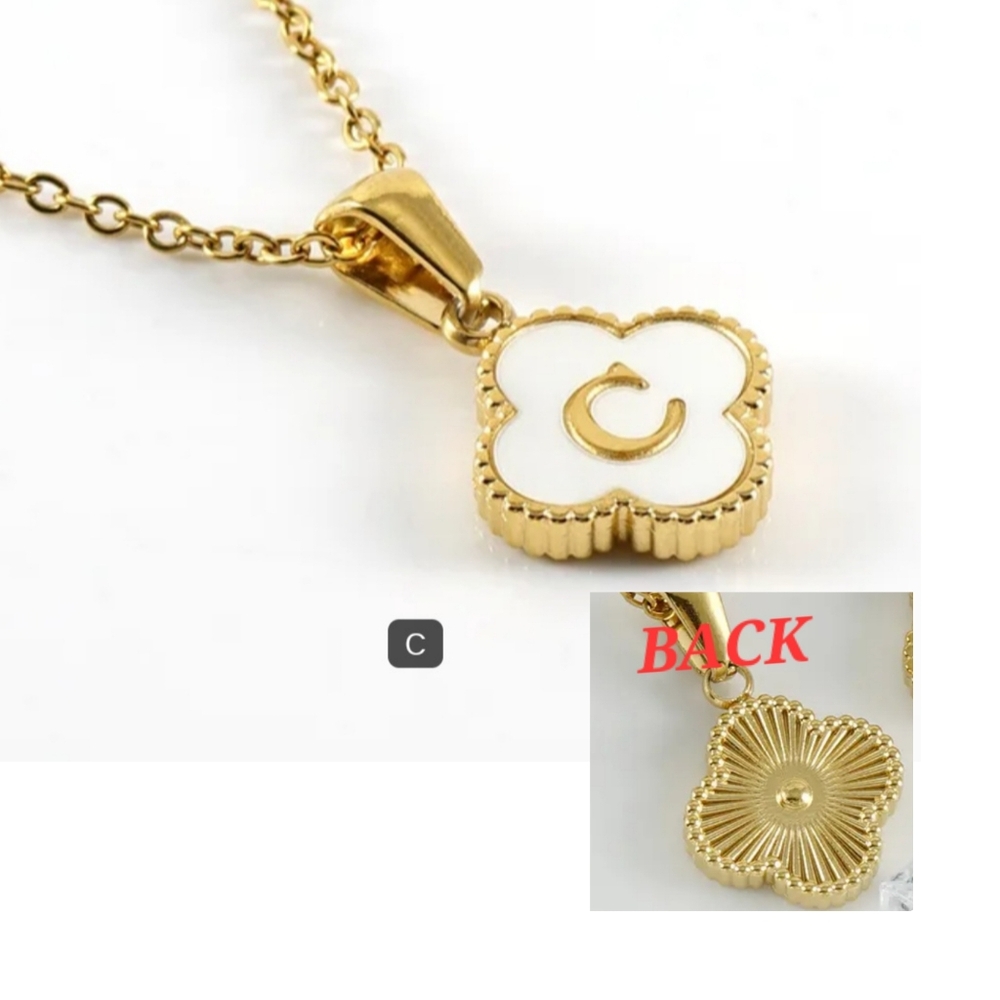 Gold Initial 'C' Clover Pendant Necklace - White & Gold